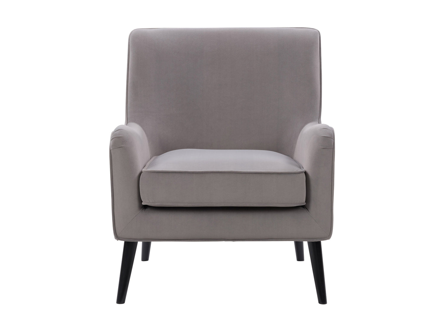 Elegant grey velvet accent chair with plush cushioning, sleek gold metal legs, and tufted backrest. Ideal for modern living rooms or offices, this stylish chair offers both comfort and sophistication.
