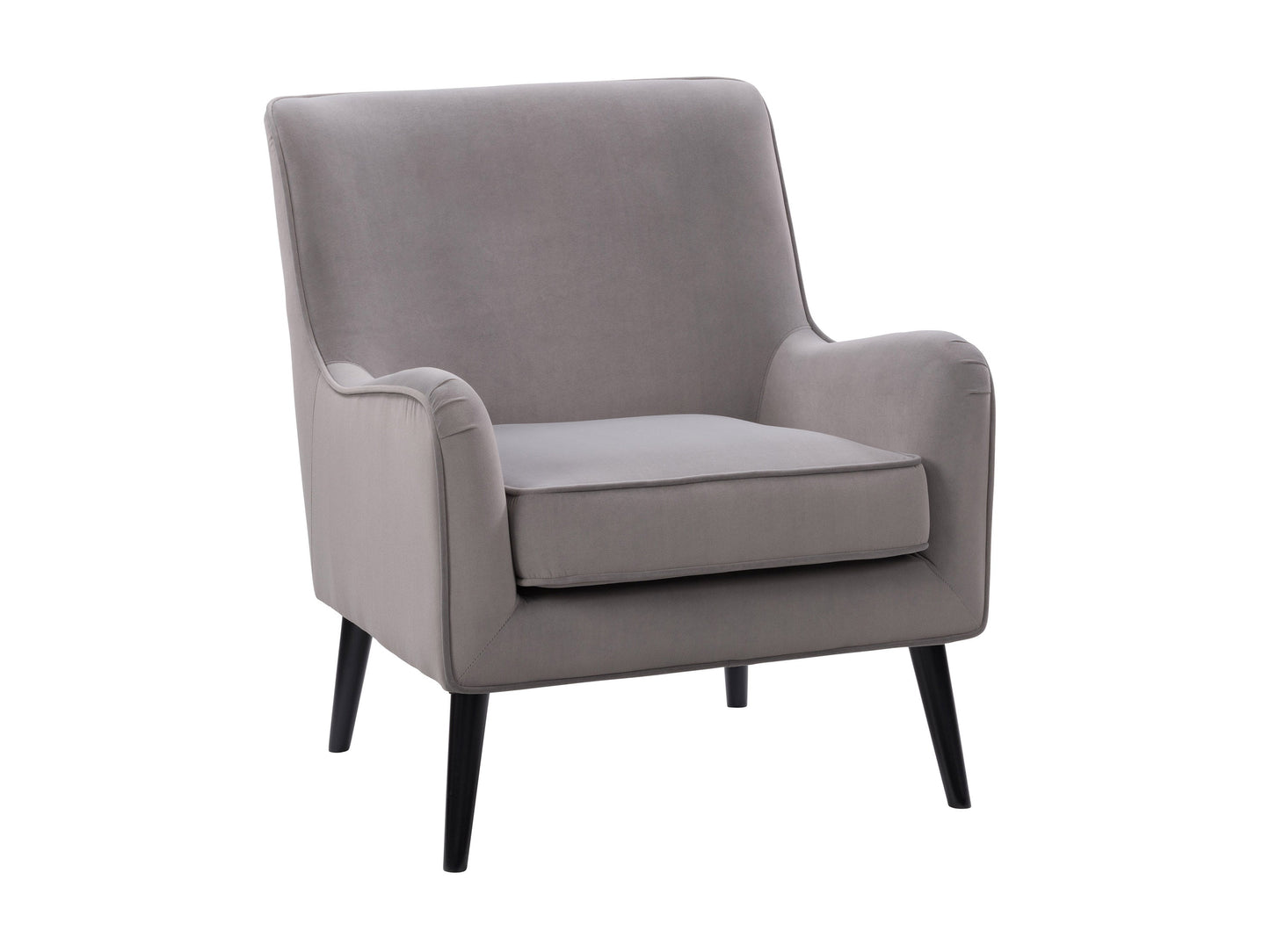 Elegant grey velvet accent chair with plush cushioning, sleek gold metal legs, and tufted backrest. Ideal for modern living rooms or offices, this stylish chair offers both comfort and sophistication.