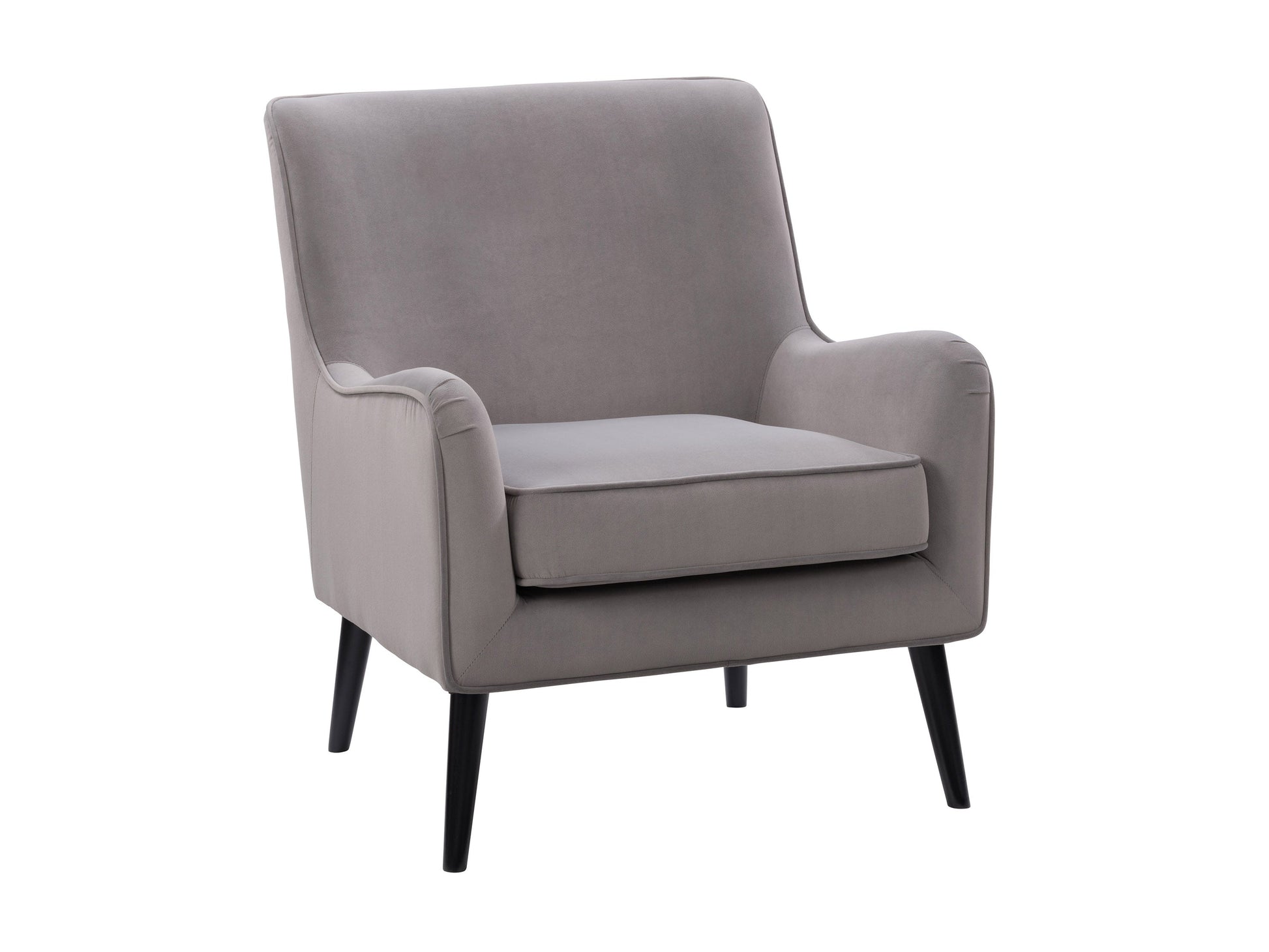 Elegant grey velvet accent chair with plush cushioning, sleek gold metal legs, and tufted backrest. Ideal for modern living rooms or offices, this stylish chair offers both comfort and sophistication.