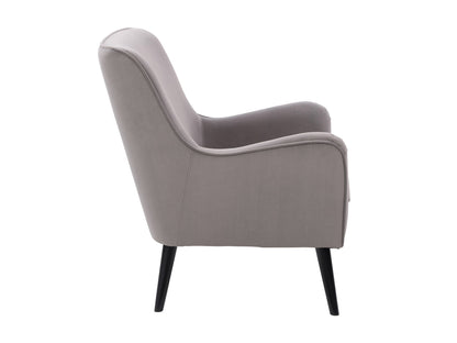 Elegant grey velvet accent chair with plush cushioning, sleek gold metal legs, and tufted backrest. Ideal for modern living rooms or offices, this stylish chair offers both comfort and sophistication.