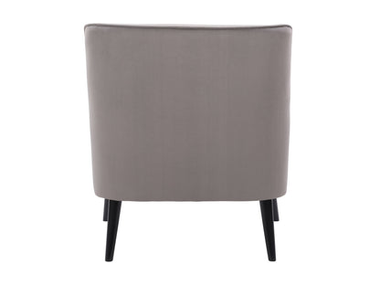 Elegant grey velvet accent chair with plush cushioning, sleek gold metal legs, and tufted backrest. Ideal for modern living rooms or offices, this stylish chair offers both comfort and sophistication.