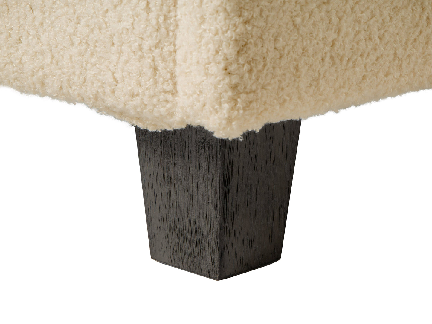 Cream boucle storage ottoman with soft, textured fabric, featuring a lift-top lid for hidden storage, wooden legs in natural finish, and a minimalist design perfect for modern living rooms or bedrooms.