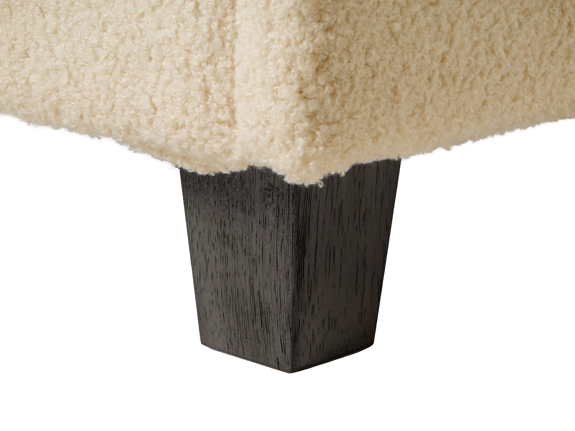 Cream boucle storage ottoman with soft, textured fabric, featuring a lift-top lid for hidden storage, wooden legs in natural finish, and a minimalist design perfect for modern living rooms or bedrooms.