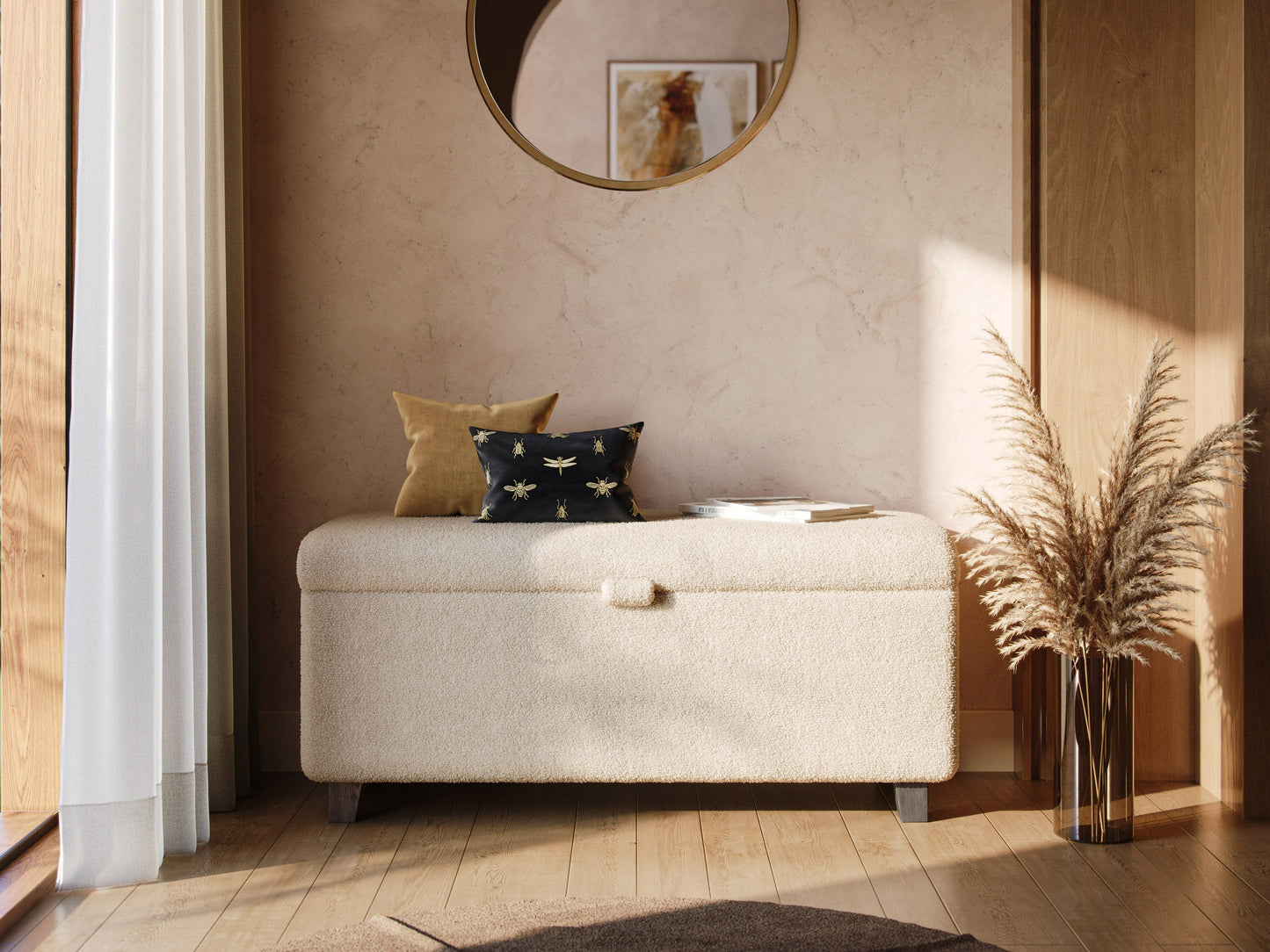 Cream boucle storage ottoman with soft, textured fabric, featuring a lift-top lid for hidden storage, wooden legs in natural finish, and a minimalist design perfect for modern living rooms or bedrooms.