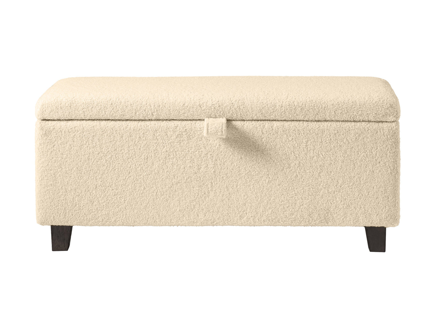 Cream boucle storage ottoman with soft, textured fabric, featuring a lift-top lid for hidden storage, wooden legs in natural finish, and a minimalist design perfect for modern living rooms or bedrooms.