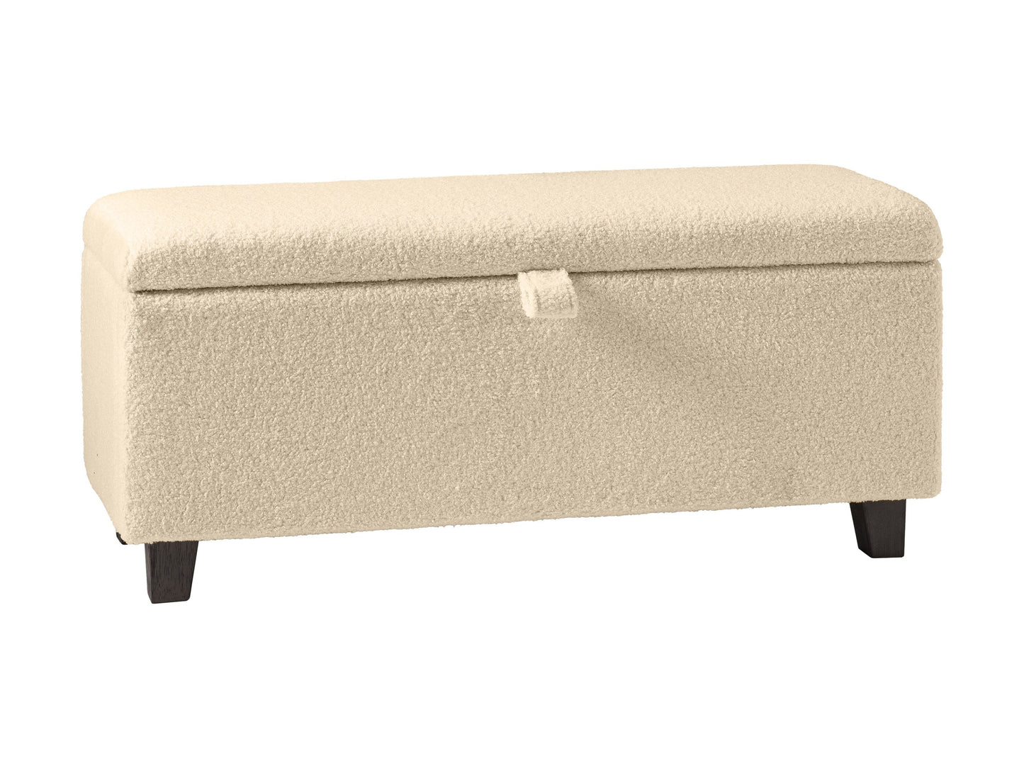 Cream boucle storage ottoman with soft, textured fabric, featuring a lift-top lid for hidden storage, wooden legs in natural finish, and a minimalist design perfect for modern living rooms or bedrooms.