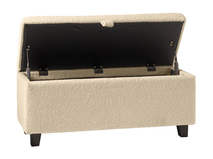 Cream boucle storage ottoman with soft, textured fabric, featuring a lift-top lid for hidden storage, wooden legs in natural finish, and a minimalist design perfect for modern living rooms or bedrooms.