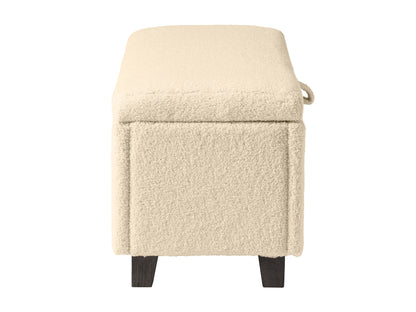 Cream boucle storage ottoman with soft, textured fabric, featuring a lift-top lid for hidden storage, wooden legs in natural finish, and a minimalist design perfect for modern living rooms or bedrooms.