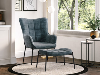 teal Velvet Accent Chair with Stool Charlotte Collection lifestyle scene by CorLiving#color_charlotte-dark-teal