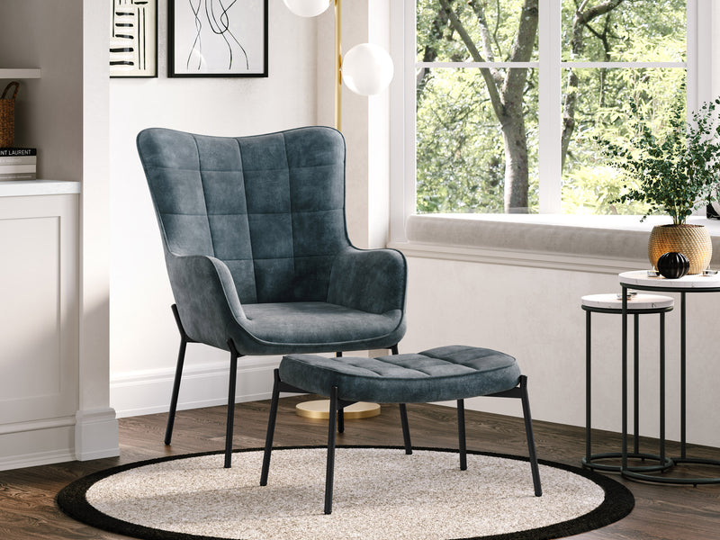 teal Velvet Accent Chair with Stool Charlotte Collection lifestyle scene by CorLiving