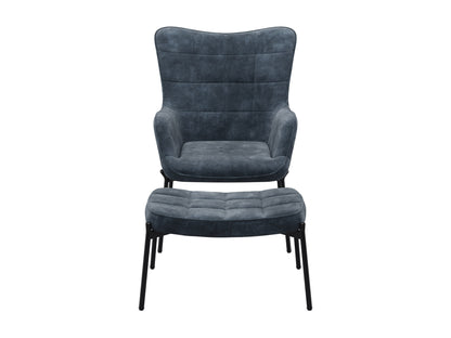 Velvet accent chair with matching ottoman in dark teal, featuring plush upholstery, sleek gold metal legs, and a modern design perfect for living rooms or reading nooks.