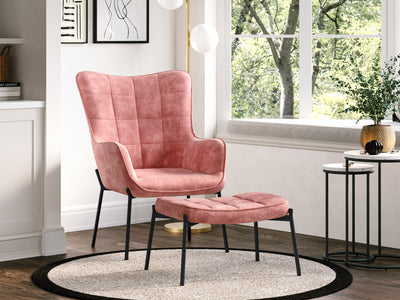 pink Velvet Accent Chair with Stool Charlotte Collection lifestyle scene by CorLiving#color_charlotte-salmon-pink