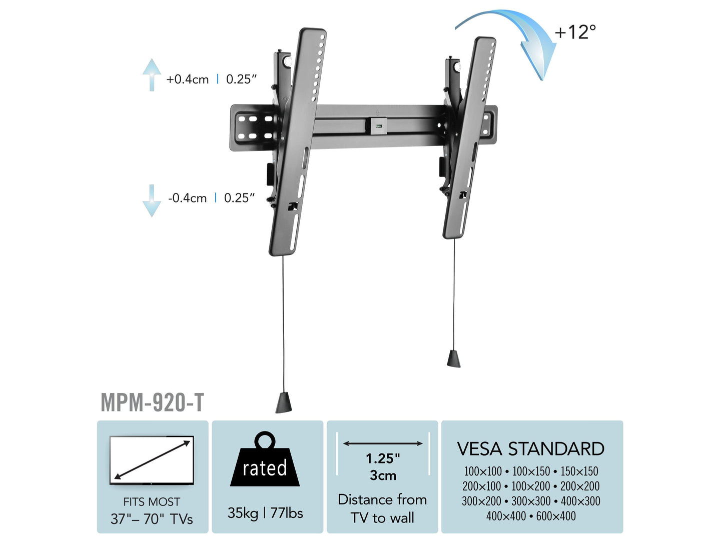 Tilting TV wall mount for 37" - 70" TVs, black metal frame with adjustable tilt feature, mounted on a light gray wall, supporting a flat-screen TV, ideal for home or office entertainment setups.