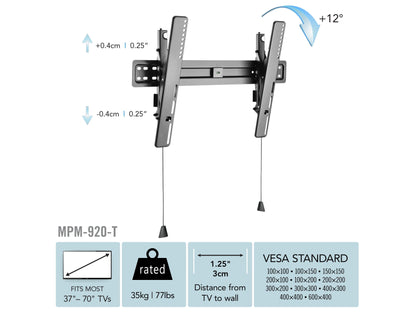 Tilting TV wall mount for 37" - 70" TVs, black metal frame with adjustable tilt feature, mounted on a light gray wall, supporting a flat-screen TV, ideal for home or office entertainment setups.