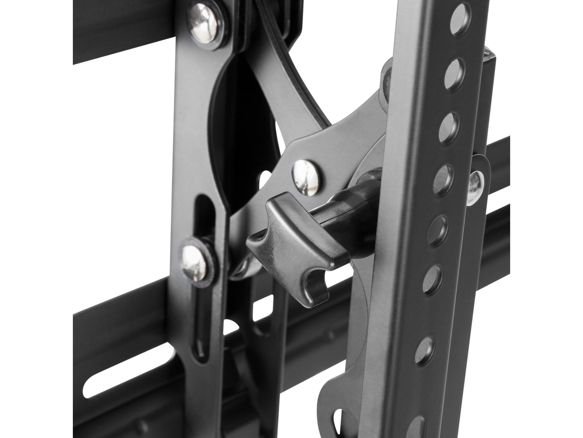 Tilting TV wall mount for 43" to 90" TVs, black metal frame with adjustable tilt mechanism, sleek design for modern living rooms, sturdy construction for secure mounting, easy installation features.
