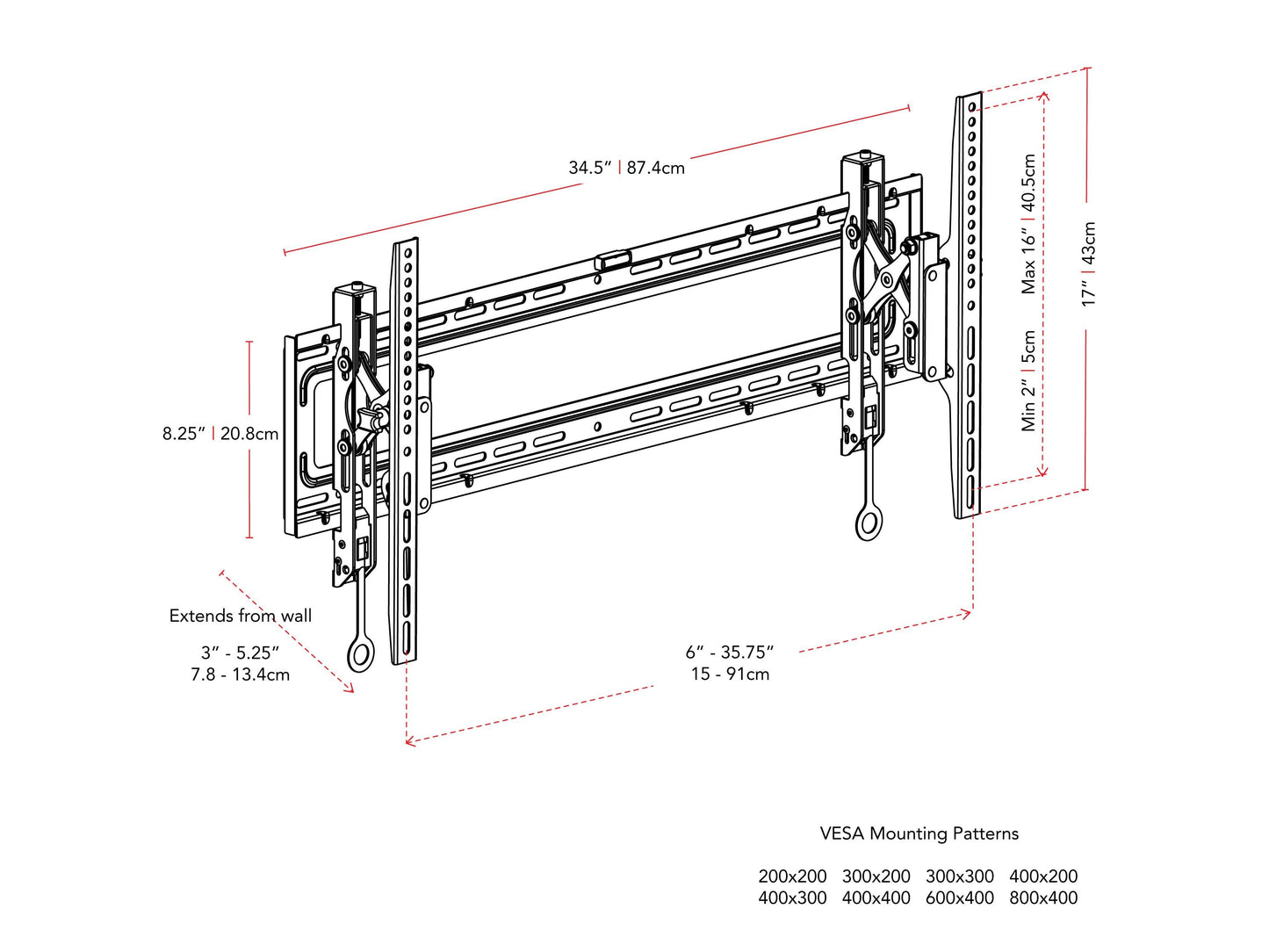 Tilting TV wall mount for 43" - 90" TVs, black, heavy-duty steel construction, adjustable tilt, cable management system, easy installation, supports up to 150 lbs, ideal for living rooms and home theaters.
