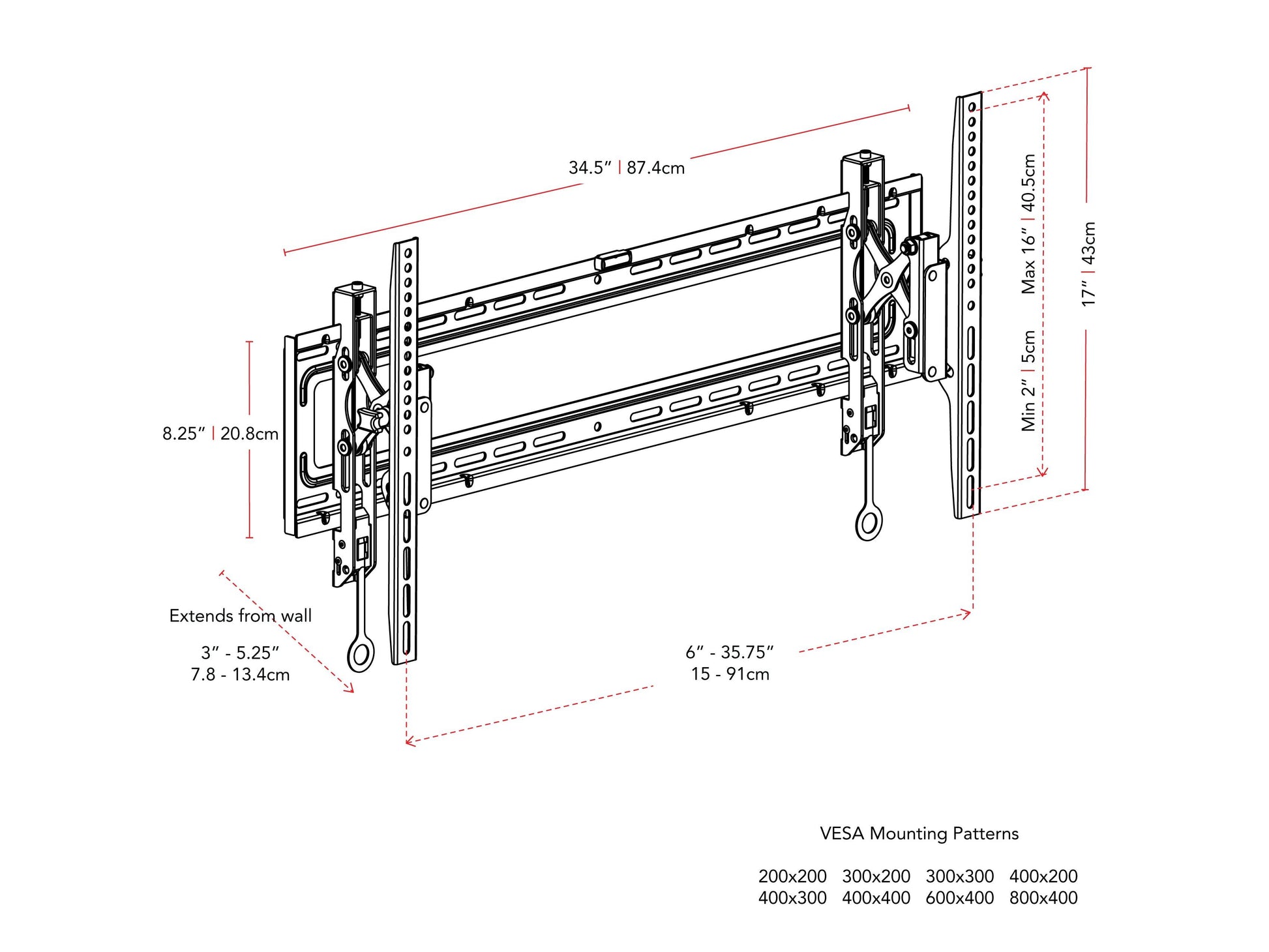 Tilting TV wall mount for 43" - 90" TVs, black, heavy-duty steel construction, adjustable tilt, cable management system, easy installation, supports up to 150 lbs, ideal for living rooms and home theaters.