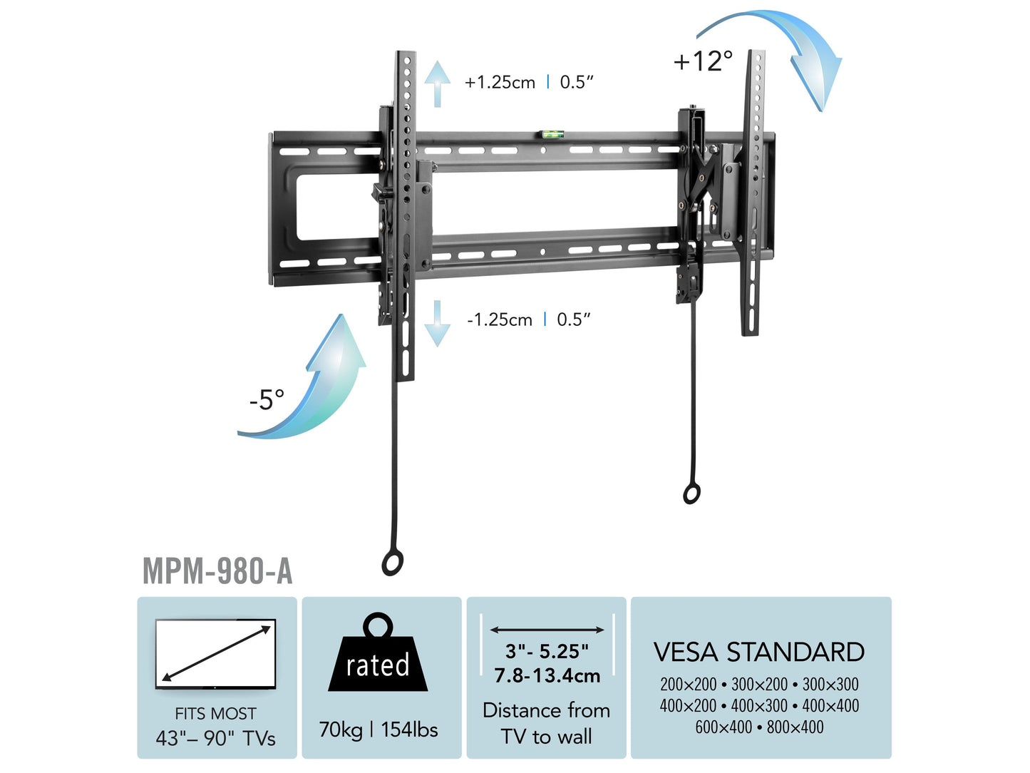 Tilting TV wall mount for 43" - 90" TVs, black steel construction, adjustable angle, slim profile, easy installation, secure and stable mounting solution, ideal for home entertainment setups.