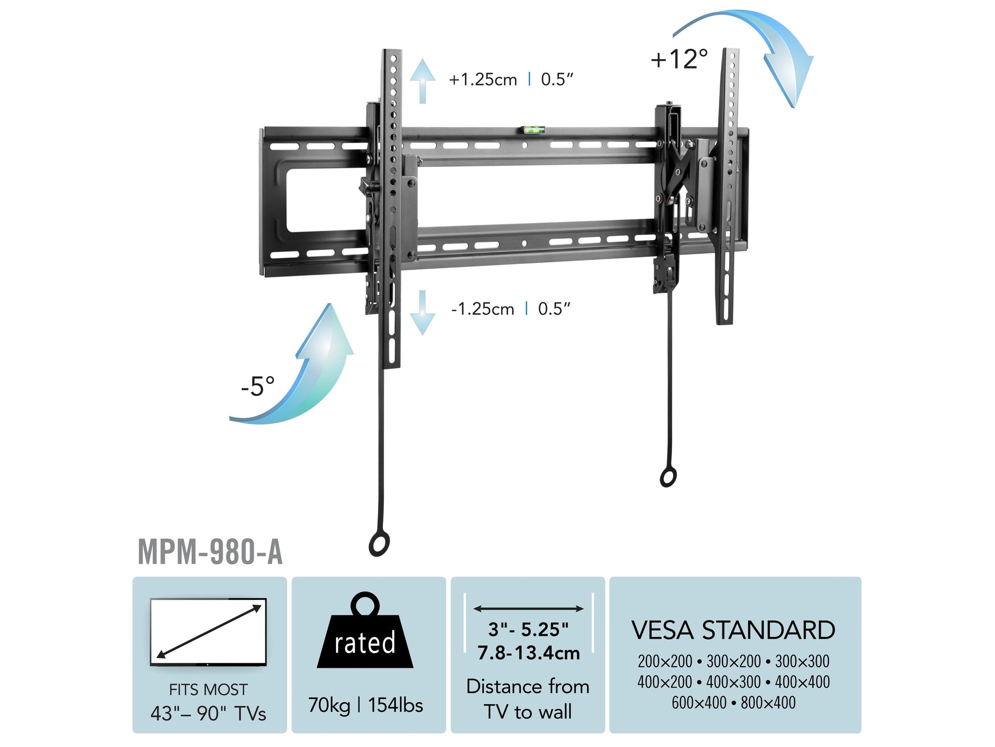 Tilting TV wall mount for 43" - 90" TVs, black steel construction, adjustable angle, slim profile, easy installation, secure and stable mounting solution, ideal for home entertainment setups.