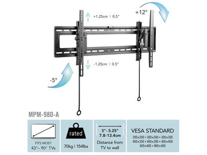Tilting TV wall mount for 43" - 90" TVs, black steel construction, adjustable angle, slim profile, easy installation, secure and stable mounting solution, ideal for home entertainment setups.