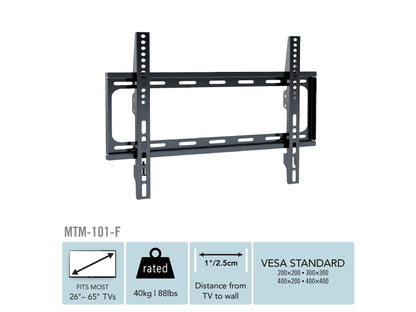 Fixed TV wall mount for 26" - 65" TVs, black steel construction, slim profile, secure mounting brackets, and easy installation for home entertainment setups.