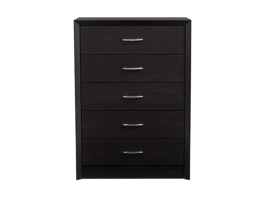 Black tall bedroom dresser with five spacious drawers, sleek modern design, metal handles, and sturdy wooden construction. Ideal for maximizing storage space in contemporary bedroom settings.