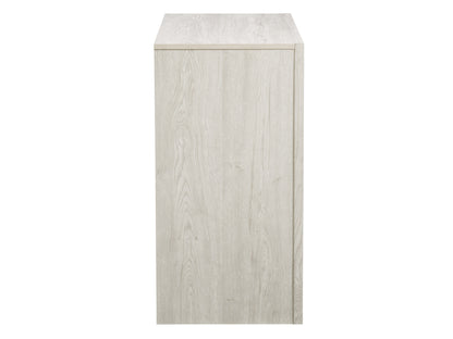 Mid-century modern white-washed oak dresser with six spacious drawers, sleek metal handles, and tapered legs; ideal for bedroom storage and stylish home decor.