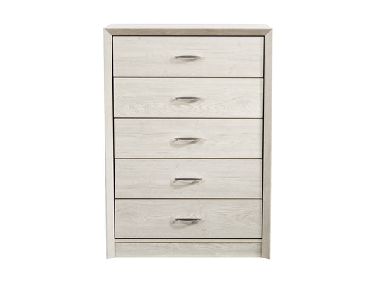White washed oak tall bedroom dresser with five drawers, silver handles, and a smooth finish. Features ample storage space and a minimalist design, ideal for modern and contemporary bedroom decor.