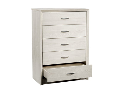 White washed oak tall bedroom dresser with five drawers, silver handles, and a smooth finish. Features ample storage space and a minimalist design, ideal for modern and contemporary bedroom decor.