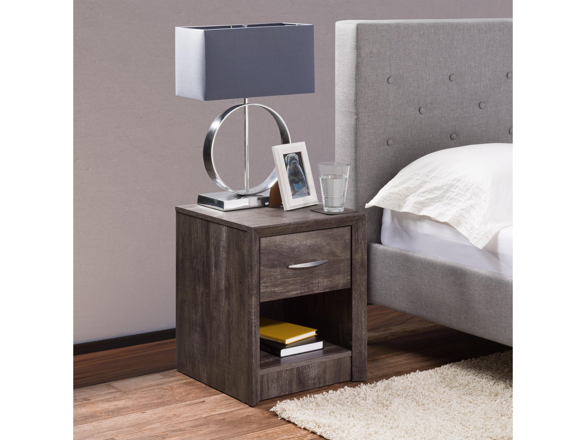 Mid-century modern nightstand with two walnut drawers, sleek black metal legs, and a smooth white top, perfect for bedroom storage and stylish decor.