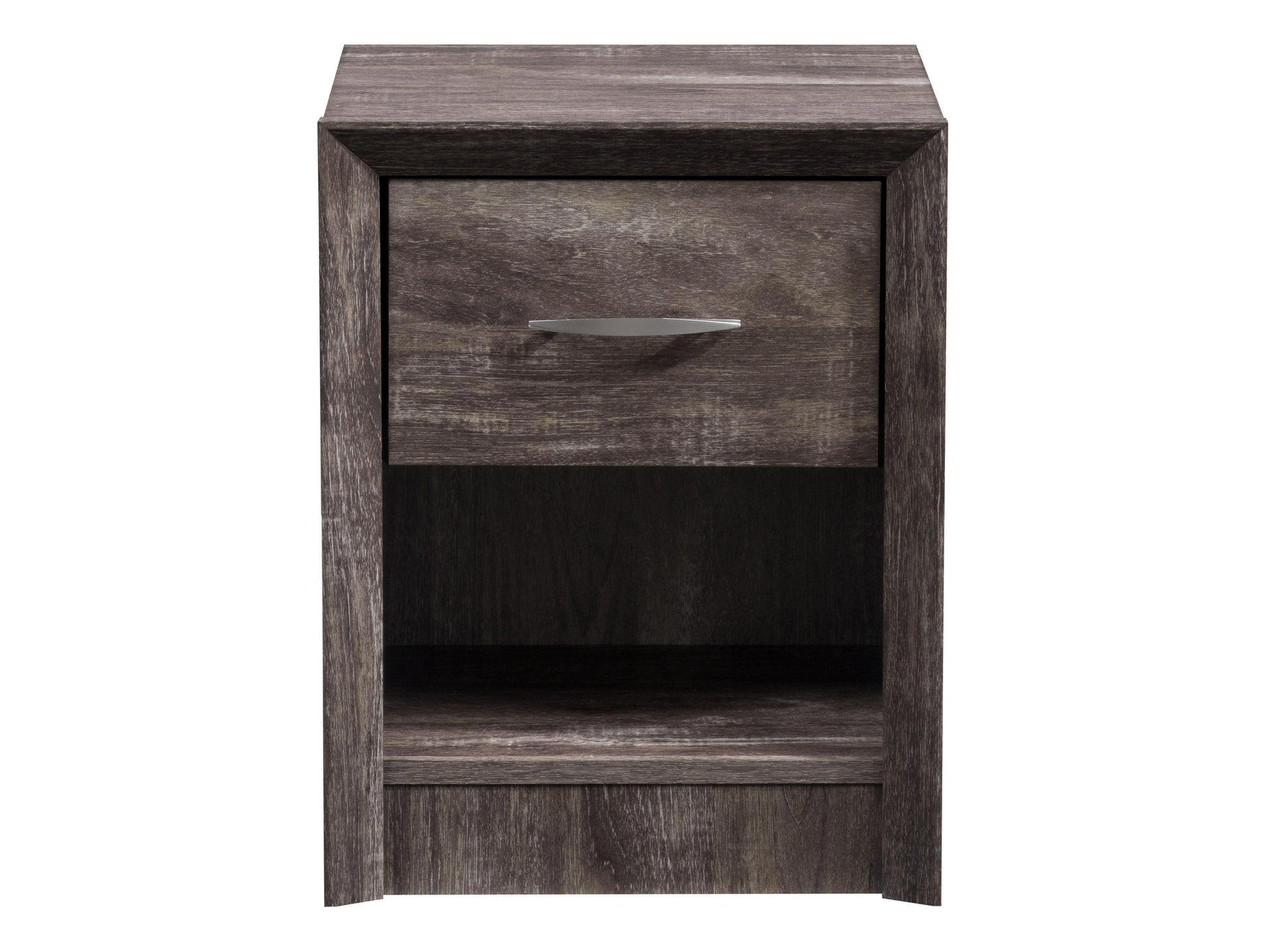 Mid-century modern nightstand with two walnut drawers, light wood body, and angled legs. Features sleek, minimalist design with smooth finish, ideal for bedroom storage and decor.