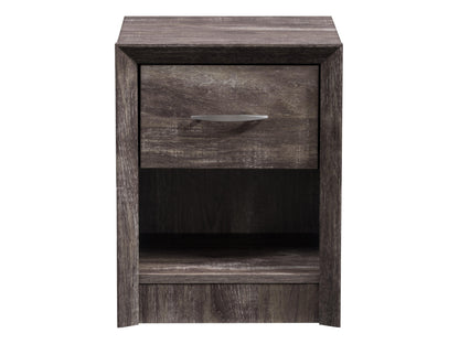 Mid-century modern nightstand with two walnut drawers, light wood body, and angled legs. Features sleek, minimalist design with smooth finish, ideal for bedroom storage and decor.