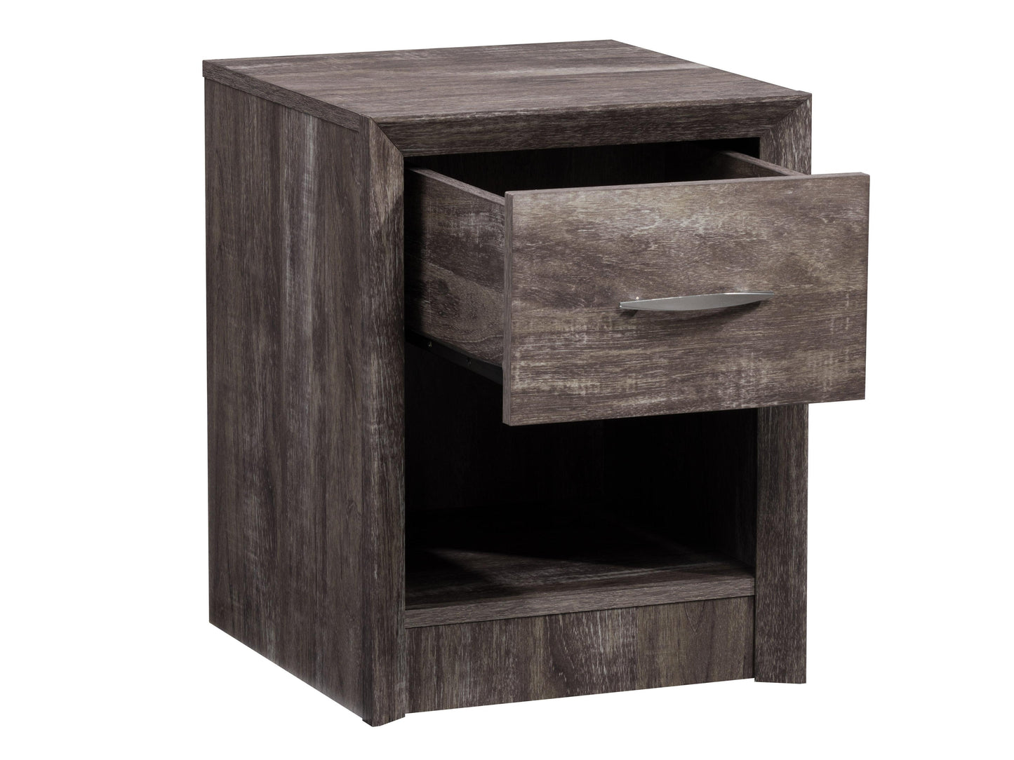 Mid Century Modern night stand with walnut finish, tapered legs, single drawer, and open shelf. Elegant design featuring clean lines and minimalist aesthetic. Ideal for bedroom decor and storage.