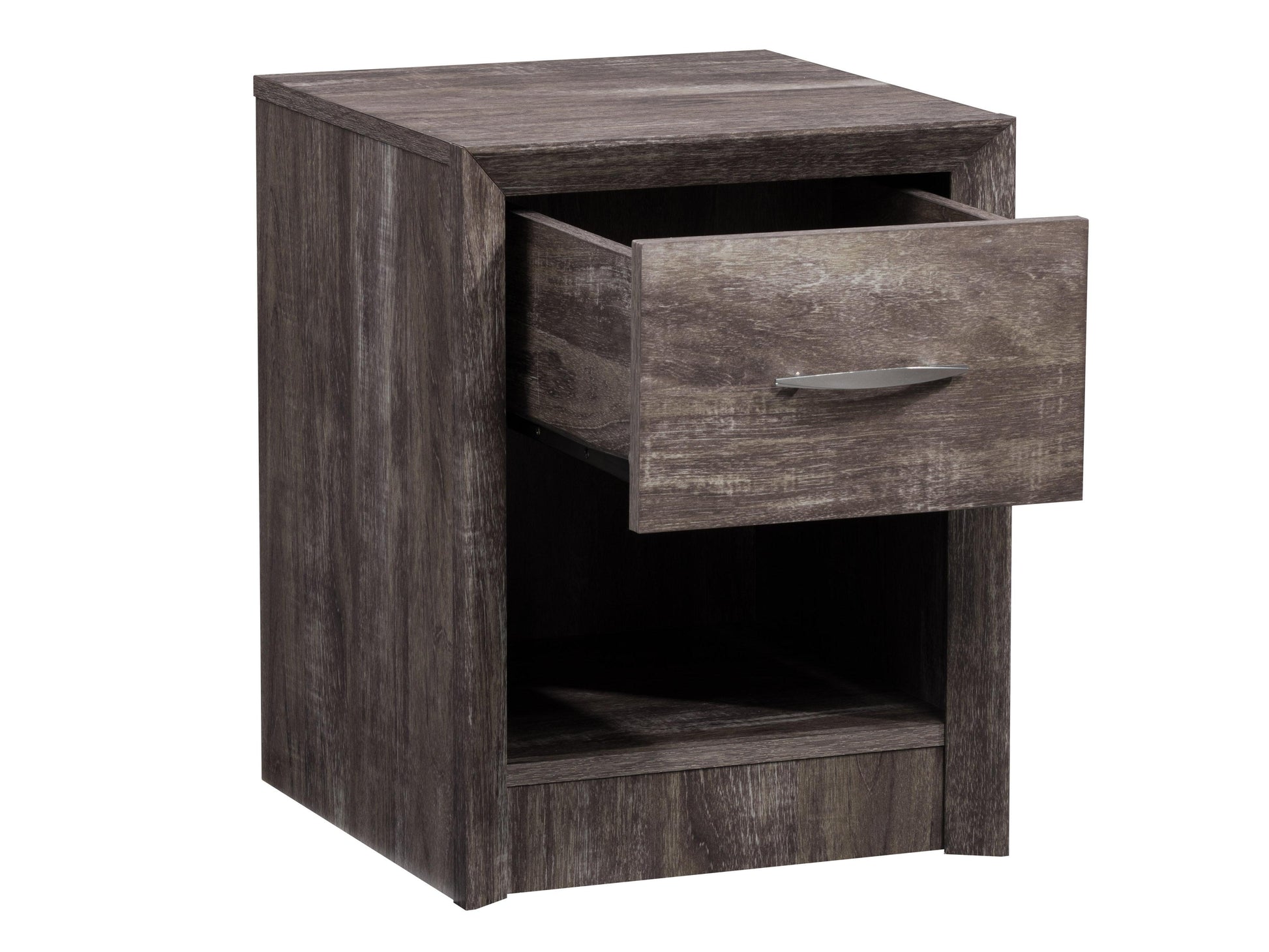 Mid Century Modern night stand with walnut finish, tapered legs, single drawer, and open shelf. Elegant design featuring clean lines and minimalist aesthetic. Ideal for bedroom decor and storage.