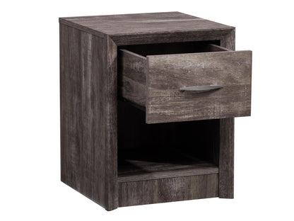 Mid Century Modern night stand with walnut finish, tapered legs, single drawer, and open shelf. Elegant design featuring clean lines and minimalist aesthetic. Ideal for bedroom decor and storage.