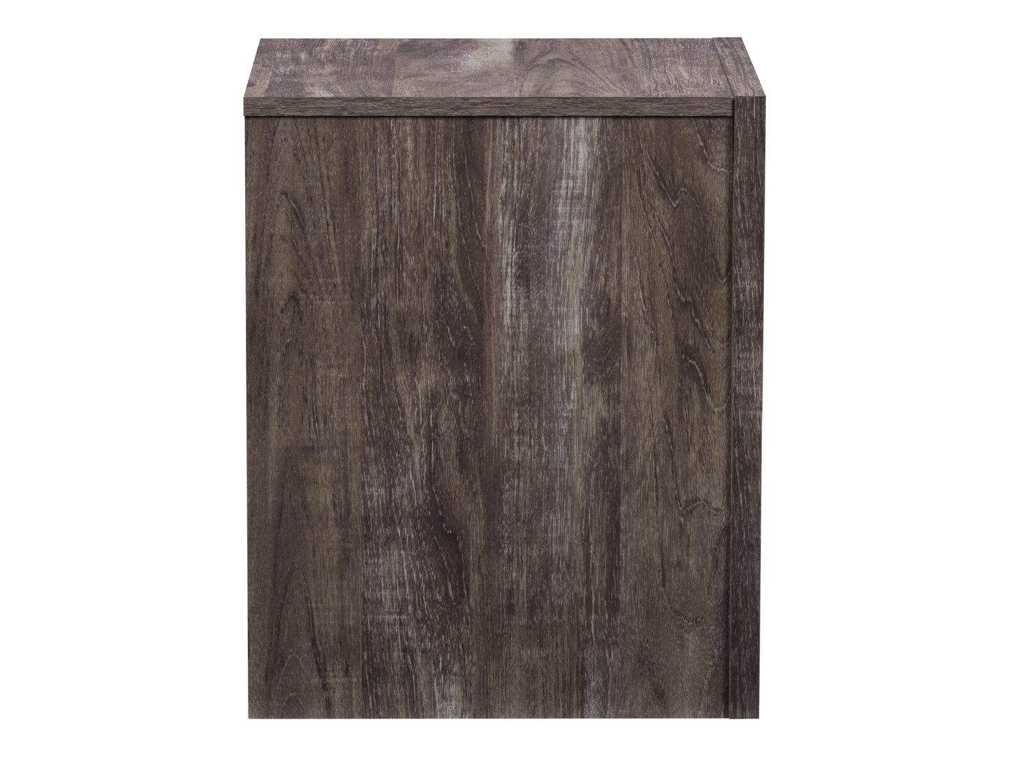 Mid-century modern night stand in walnut finish with two white drawers, tapered legs, and sleek metal handles; perfect for bedroom storage and decor.
