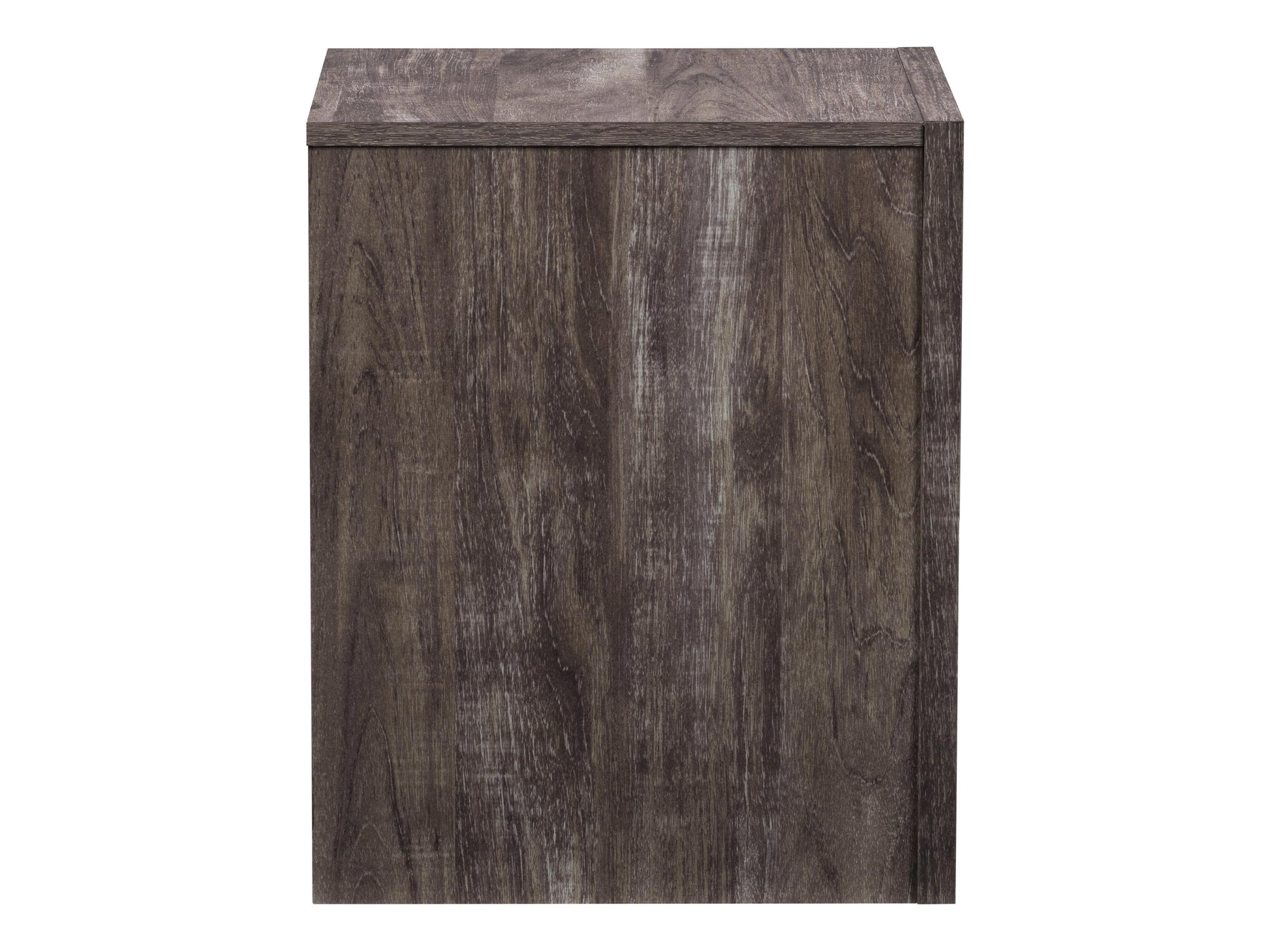 Mid-century modern night stand in walnut finish with two white drawers, tapered legs, and sleek metal handles; perfect for bedroom storage and decor.