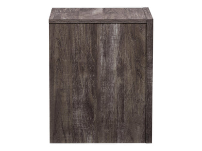 Mid-century modern night stand in walnut finish with two white drawers, tapered legs, and sleek metal handles; perfect for bedroom storage and decor.