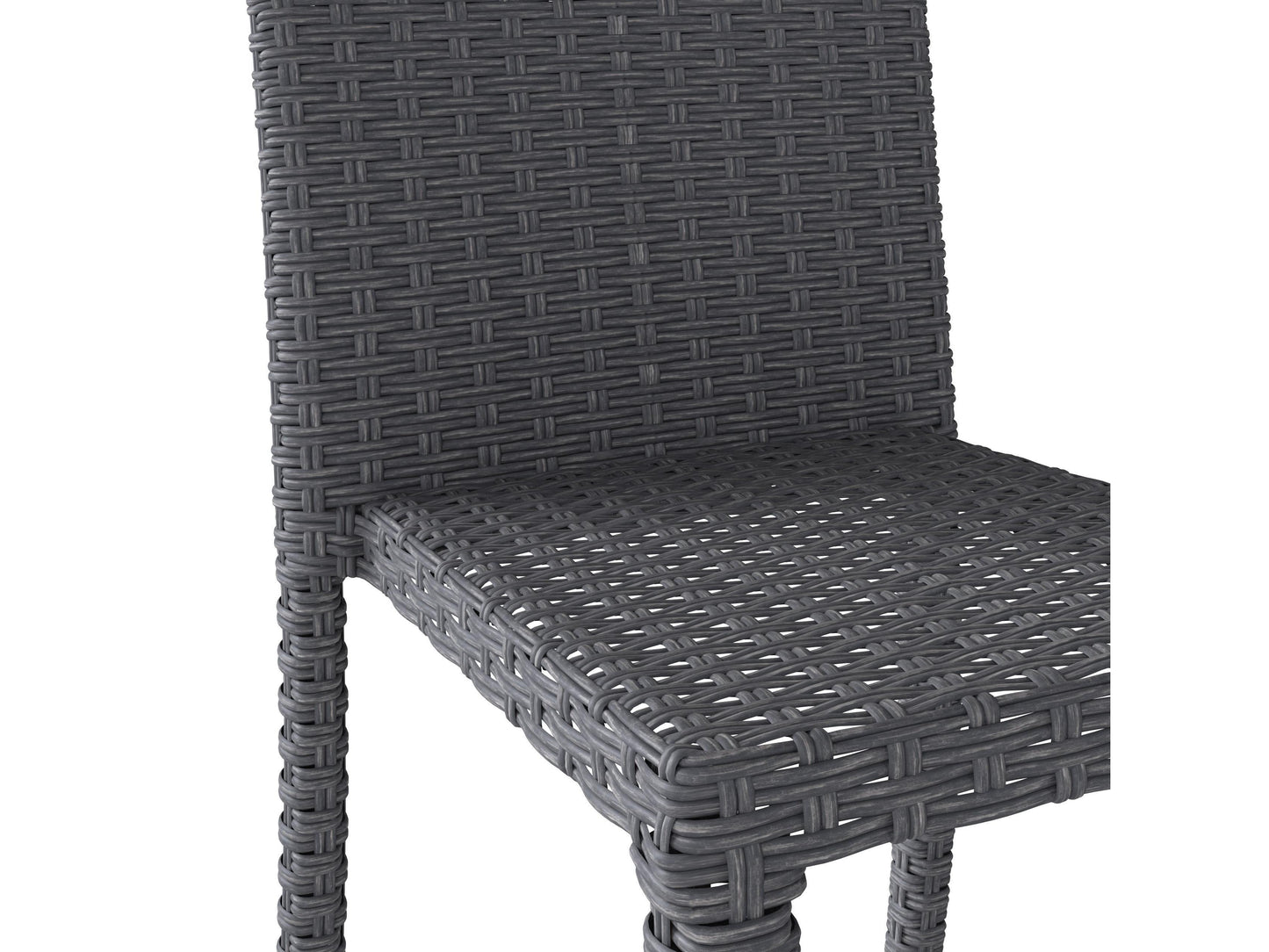 Set of four modern patio dining chairs with gray wicker seats, white metal frames, and comfortable armrests, perfect for outdoor dining and relaxation.