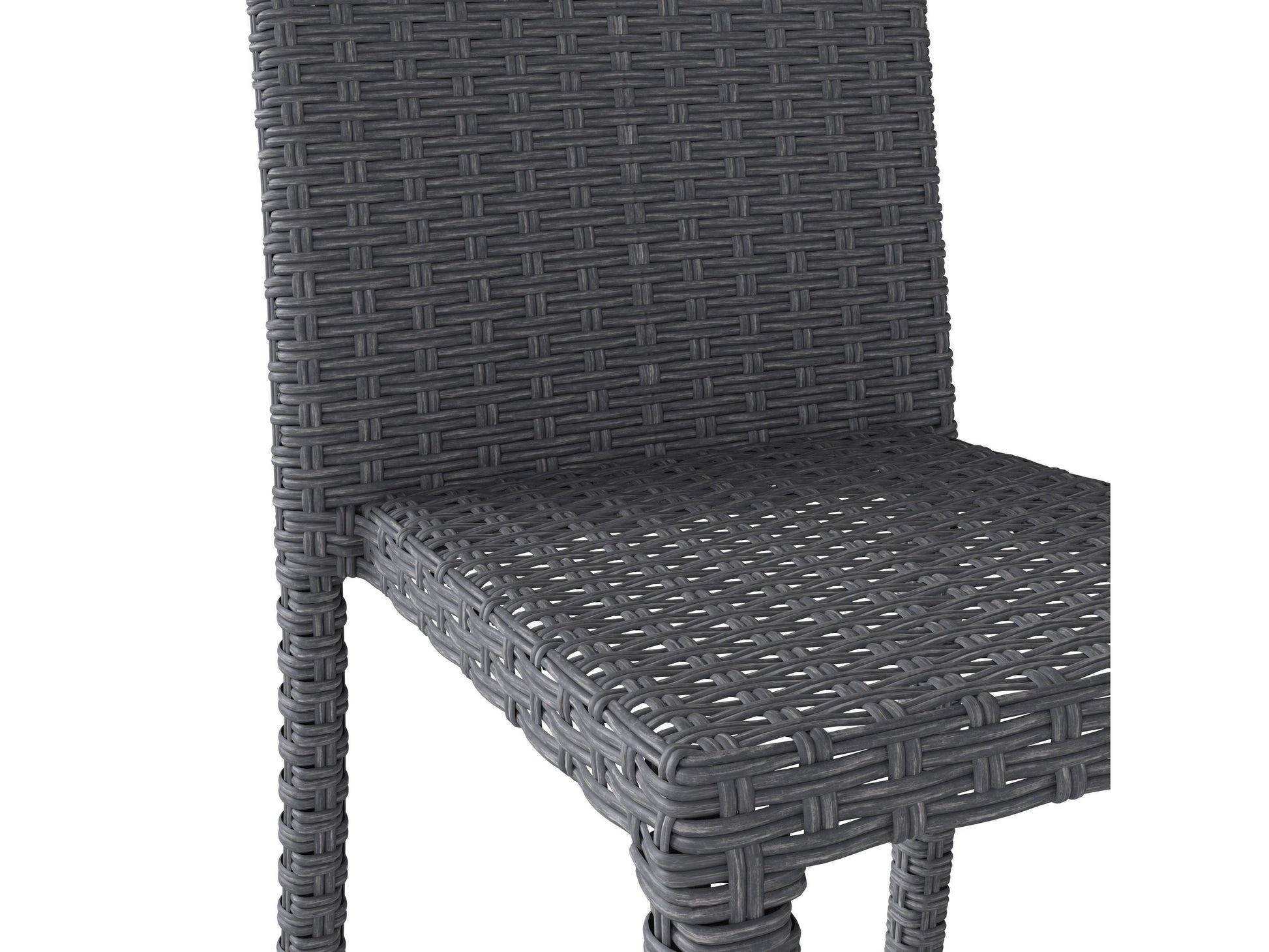 Set of four modern patio dining chairs with gray wicker seats, white metal frames, and comfortable armrests, perfect for outdoor dining and relaxation.