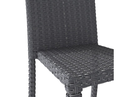 Set of four modern patio dining chairs with gray wicker seats, white metal frames, and comfortable armrests, perfect for outdoor dining and relaxation.
