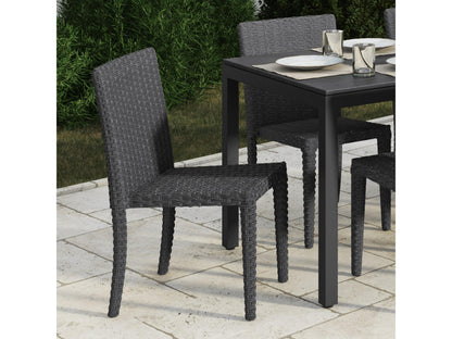 Set of four patio dining chairs with dark brown wicker, beige cushions, and sturdy metal frames, ideal for outdoor use. The chairs feature a contemporary design with comfortable seating and weather-resistant materials.