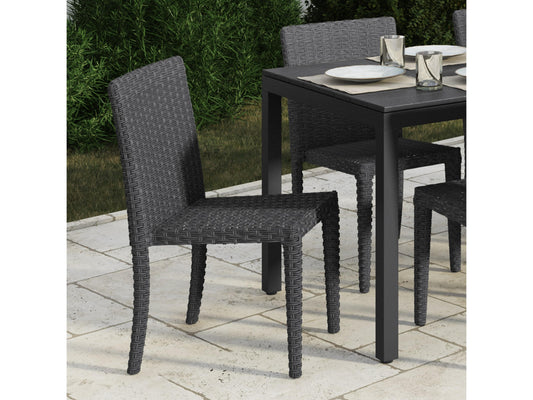 Set of four patio dining chairs with dark brown wicker, beige cushions, and sturdy metal frames, ideal for outdoor use. The chairs feature a contemporary design with comfortable seating and weather-resistant materials.