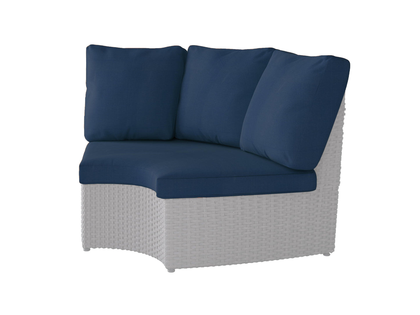 Grey patio sectional replacement cushions on wicker furniture, featuring round corners and plush design, set in an outdoor garden environment with green foliage and a wooden deck.