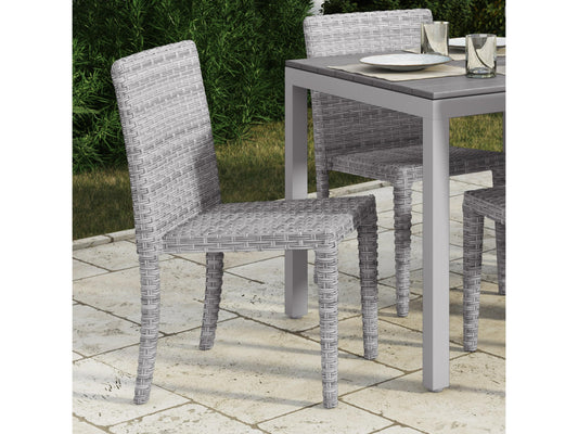 Set of four black and white patio dining chairs with cushioned seats, sleek metal frames, and modern design, perfect for outdoor dining and entertaining.