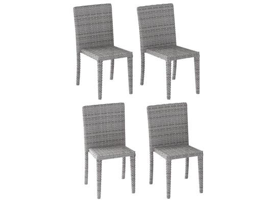 Set of 4 modern patio dining chairs with black metal frames, beige cushioned seats, and backrests featuring a woven rattan design. Ideal for outdoor dining, providing comfort and style to any patio setup.