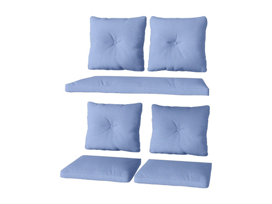 Light blue patio replacement cushion set, 7 pieces, includes seat and back cushions. Durable, weather-resistant fabric with tufted detailing. Ideal for outdoor furniture refresh or upgrade.