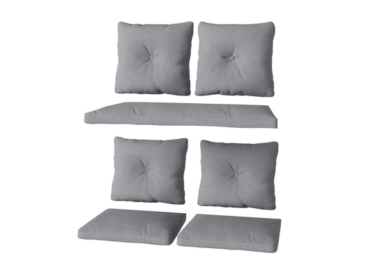 Grey patio replacement cushion set, 7 pieces, featuring durable fabric and plush padding for outdoor furniture. Ideal for refreshing patio chairs and sofas, providing comfort and a modern look to your outdoor space.