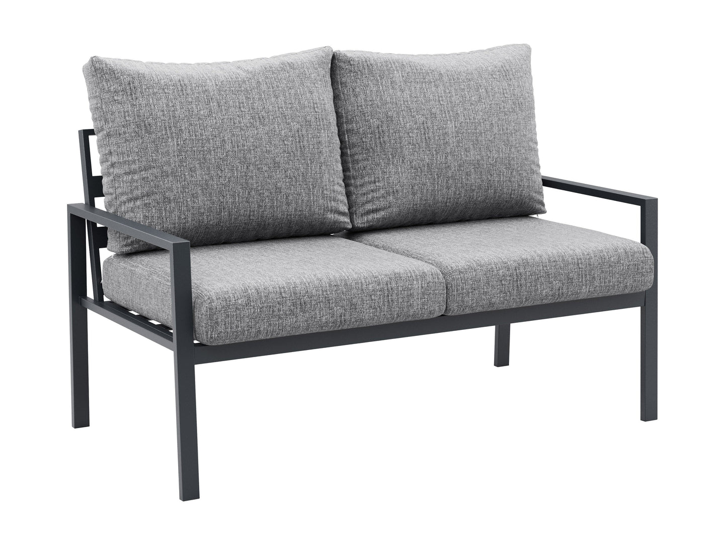 Grey deluxe 4-piece patio conversation set with cushioned seats, including a loveseat, two armchairs, and a glass-top coffee table, featuring weather-resistant wicker and sleek metal frames for outdoor use.