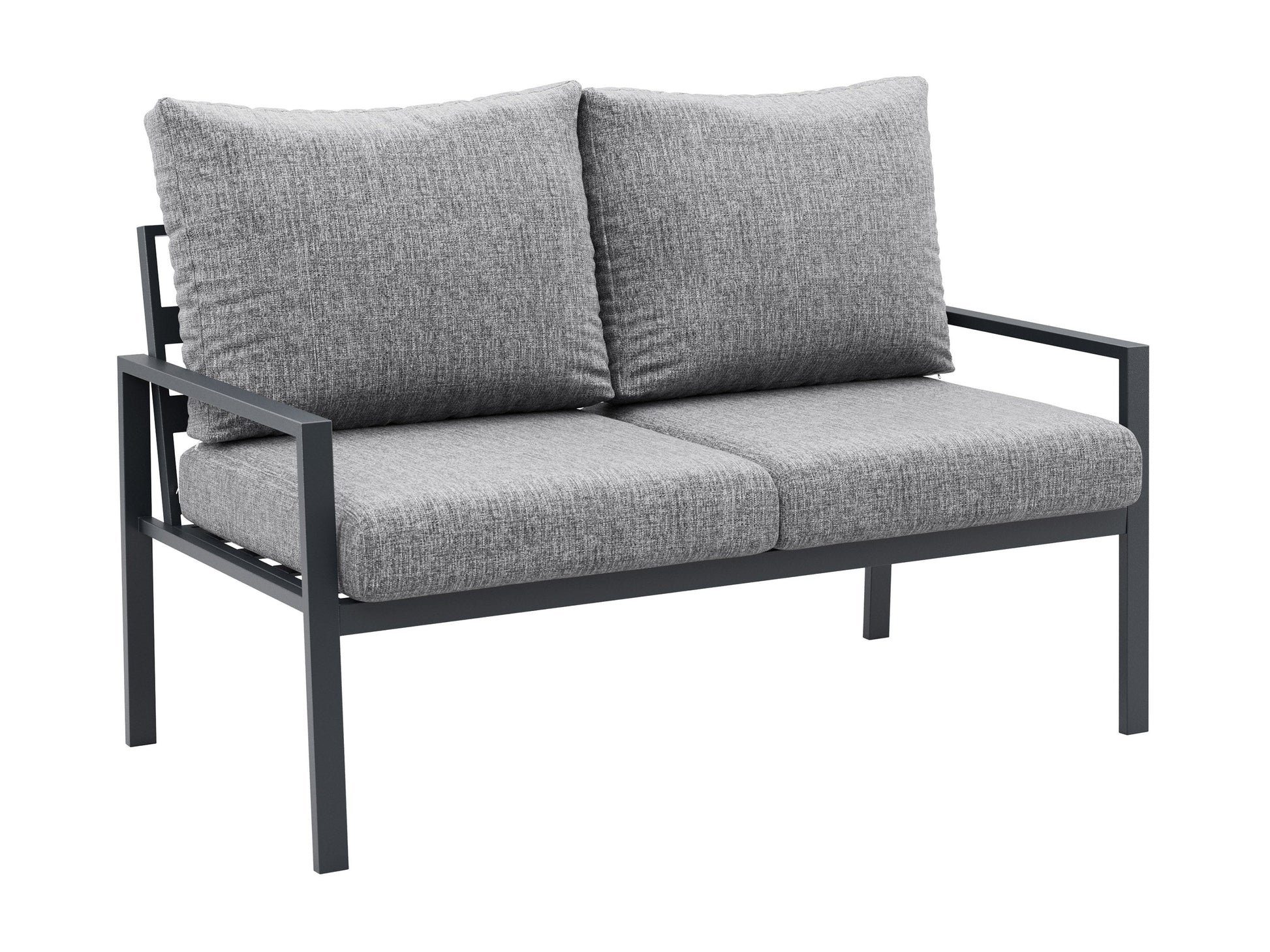 Grey deluxe 4-piece patio conversation set with cushioned seats, including a loveseat, two armchairs, and a glass-top coffee table, featuring weather-resistant wicker and sleek metal frames for outdoor use.